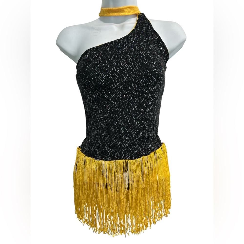 Curtain Call Costumes Elegant Black and Yellow Fringe One-Shoulder Dance Dress